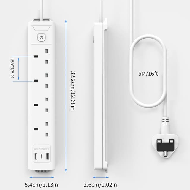 Detalle de Mscien 4 Way 5m Extension Lead with 1 USB C 🔌