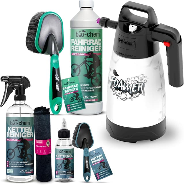 Detalle de bio-chem Fahrrad-Reinigungsset PREMIUM (7-teilig) mit Fahrradreiniger, Kettenreiniger, Kettenöl, Schaumsprüher & Bürsten