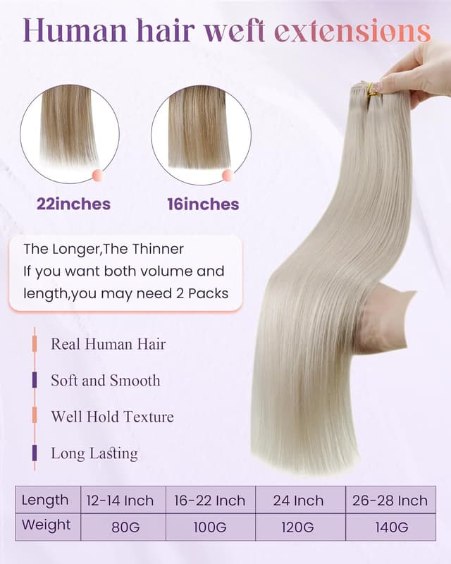 Detalle 2 de LaaVoo Echthaar Extensions Tressen (Platinblond, #60), zum Einnähen – 80 g, 30 cm