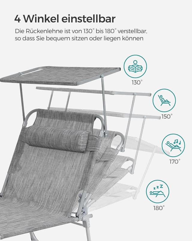 Detalle de SONGMICS Große Sonnenliege GCB022G01 – klappbar mit Sonnenschutz, Kopfstütze und verstellbarer Rückenlehne