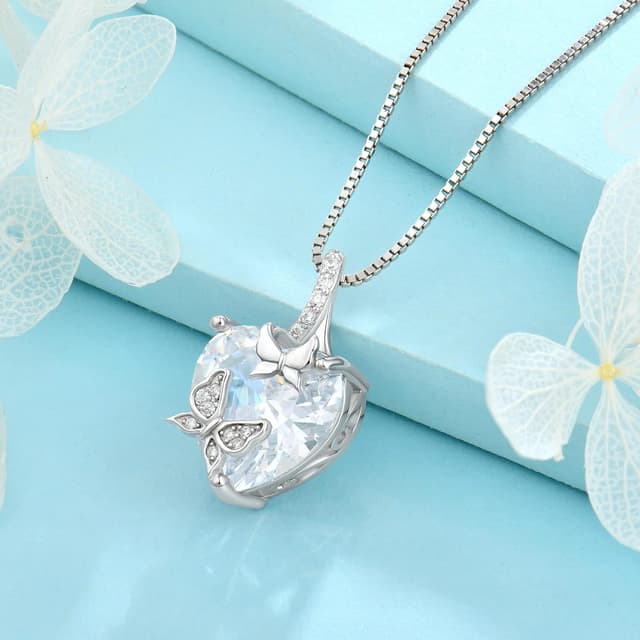 Detalle 2 de FJ Schmetterling Kette Damen aus 925 Sterling Silber mit Herz-Anhänger und Geburtsstein