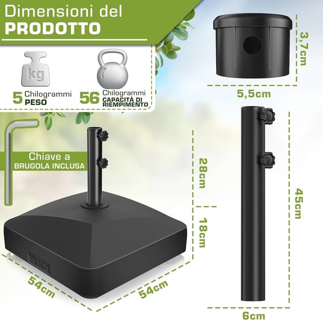 Detalle 2 de tillvex® Base per ombrellone GRAVIA con ruote e freni, zavorra riempibile 37 L/56 kg, per palo Ø 1,8–3,7 m, nero