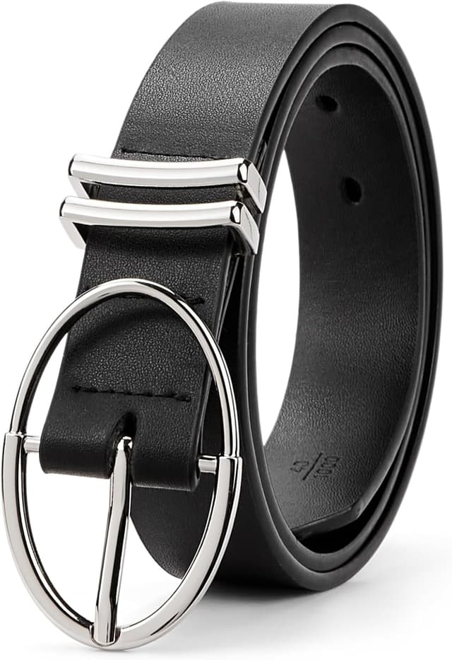 Detalle de BOSTANTEN Ceinture femme en cuir noir à boucle ovale argentée, pour jeans, robes et pantalons