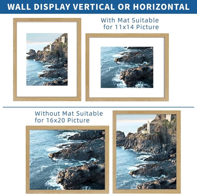 Detalle 2 de Hongkee 16x20 Picture Frames Set of 2 (Natural Oak Wood Style) for 16x20 Photos or 11x14 With Mat