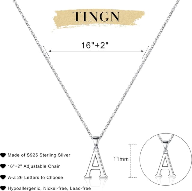 Detalle de TINGN Damen-Halskette aus 925 Sterling Silber mit Buchstaben-Anhänger (hypoallergen) inkl. Geschenkbox