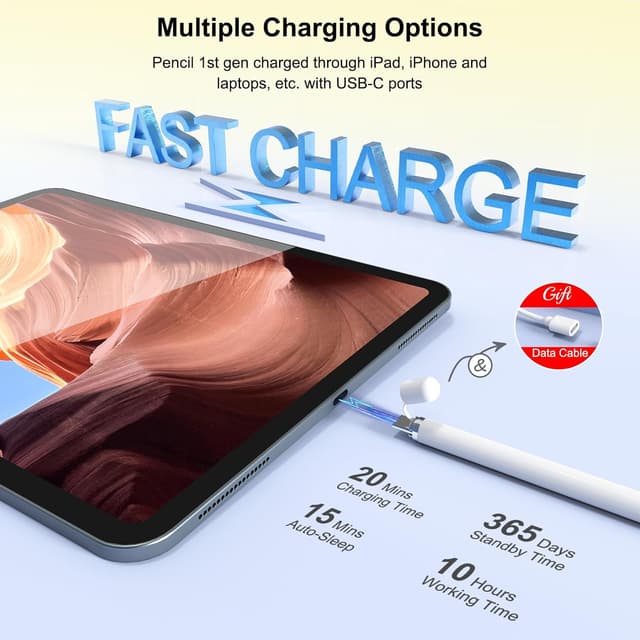 Detalle de Pencil 1. Generation für iPad (2018–2025) – iPad-kompatibler Stift mit 20-Minuten-Schnellladung, Neigung & Palm Rejection (Weiß)