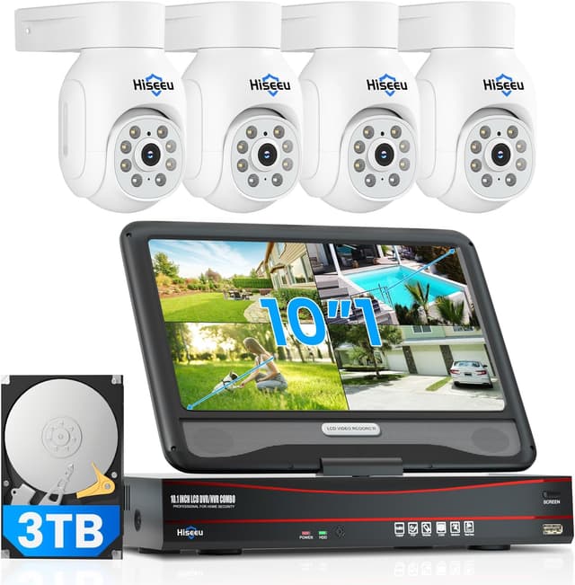 Detalle de Kit vidéosurveillance extérieure Hiseeu 5MP + PTZ PoE : 4 caméras, NVR 8CH, vision nocturne couleur