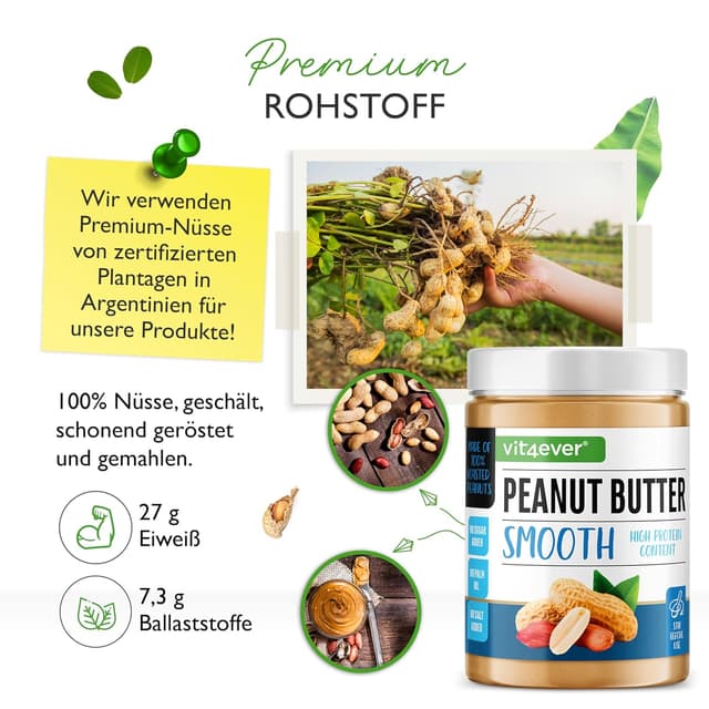 Detalle de Vit4ever Erdnussbutter Smooth – 1 kg natürliche Peanut Butter ohne Zusätze, High Protein, vegan