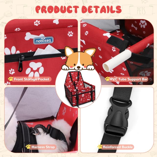 Detalle 1 de Nobleza Nobleza Siège auto pliable pour chien et chat avec ceinture de sécurité – Panier imperméable Oxford rouge 40x34x25 cm