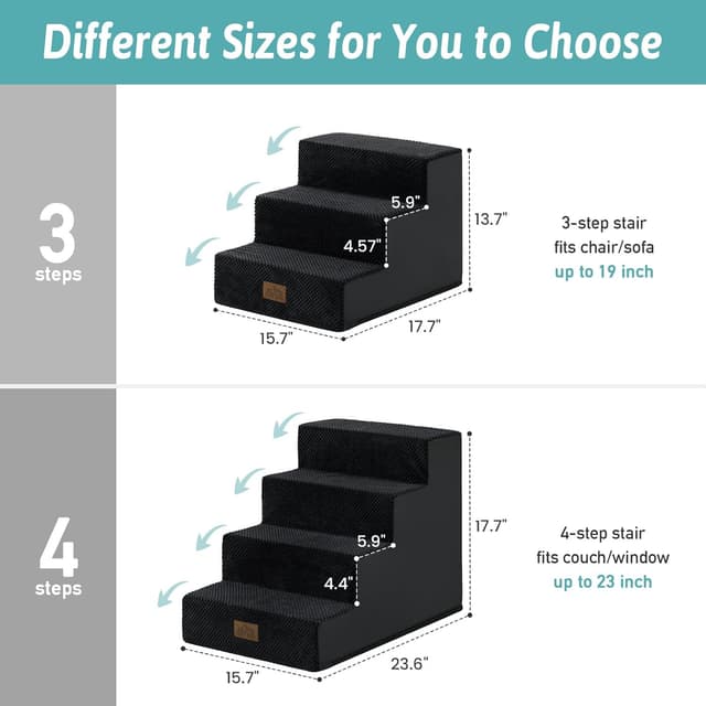 Detalle de COZY KISS wide dog stairs for small dogs – non-slip pet steps for beds, sofas and car (Black, 40x60x45cm, 4 steps)