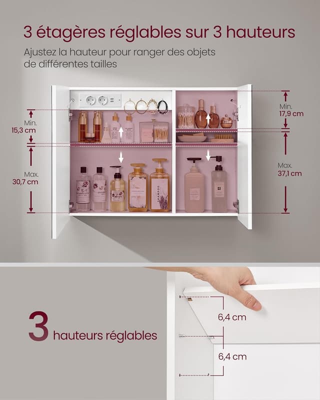 Detalle de Armoire murale de salle de bain VASAGLE Kailyn avec miroir, LED, multiprise et fonction anti-buée
