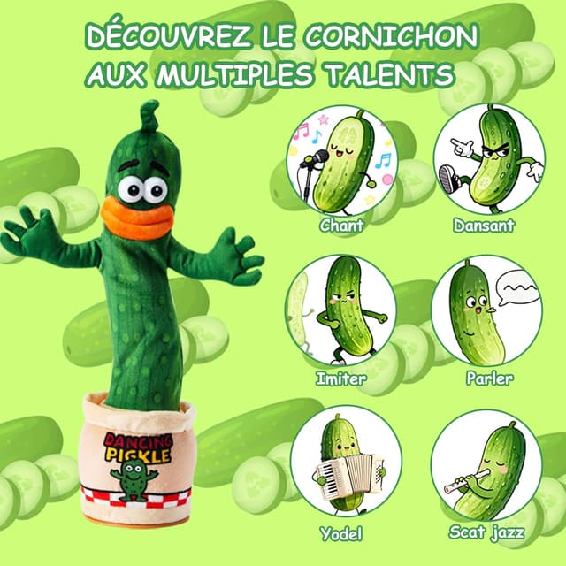Detalle 2 de Cornichon interactif parlant et dansant pour bébé (0-6, 3-6, 6-12, 12-18 mois) – enregistre, répète, lumières LED et volume réglable