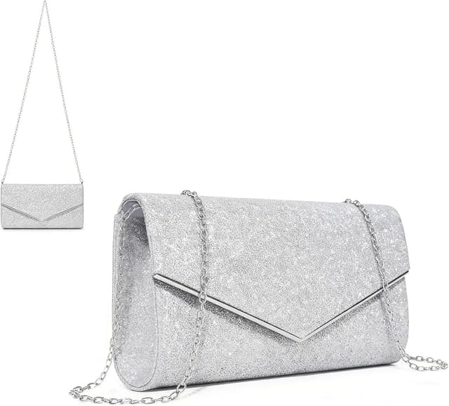 Detalle de fannos Clutch Silber – Abendtasche mit glänzendem Shiny Fabric, verstärkter Kette und Platz für Karten