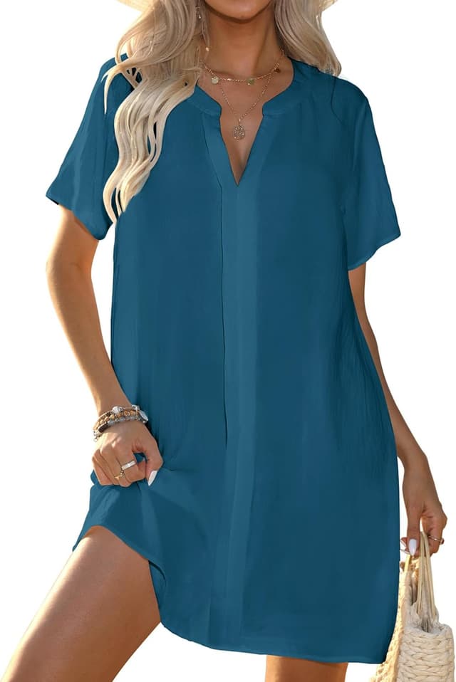 Detalle 2 de Halife Women’s Swimsuit Cover Up Shirt (V-Neck, Short Sleeve) — Polyester Pullover Beach Shirt Dress