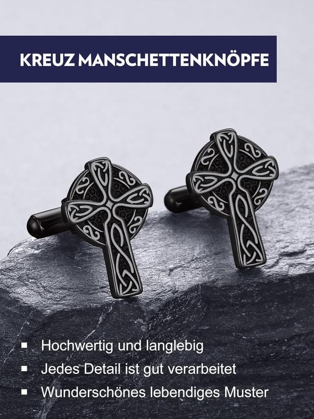 Detalle de Bandmax Manschettenknöpfe Herren aus Edelstahl im Wikinger-Design (Kreuz), silbern/schwarz