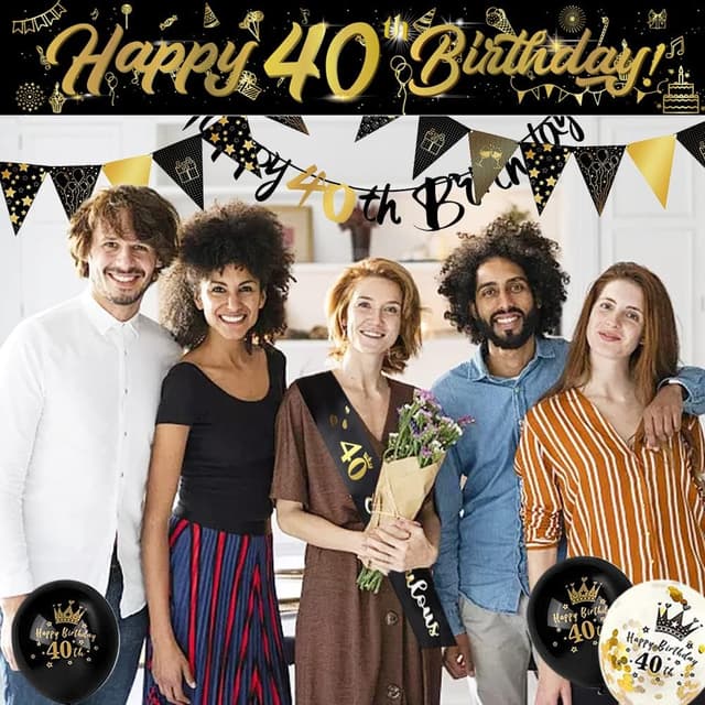Detalle de 14-Piece 40th Happy Birthday Decorations Kit with 9ft Banner, Triangle Flags, Confetti Balloons