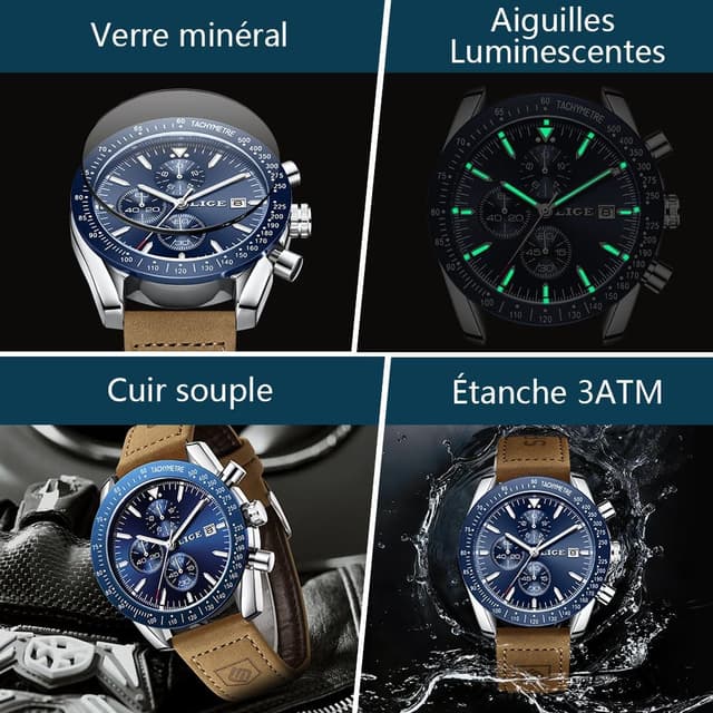 Detalle de LIGE Montre Homme Chronographe Quartz analogique, bracelet cuir et date