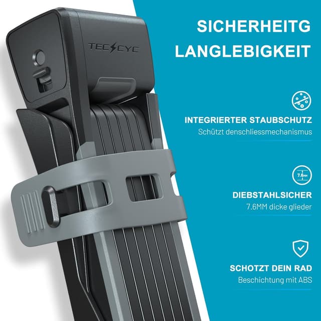 Detalle 1 de TECHCYC Faltschloss für Fahrräder mit 3 Schlüsseln, gehärteter Carbonstahl & Halterung (120 cm)