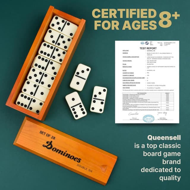 Detalle 2 de Queensell Jumbo Dominoes Set (Double Six) – 28 Large Tiles for Adults, Kids & Travel Board Games