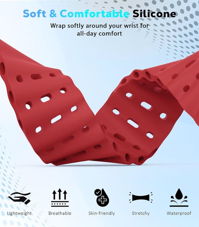 Detalle de Astorgos Upgraded Ocean Band strap for Apple Watch Ultra & Series (compatible 49mm–42mm) – breathable sport silicone with stainless connector