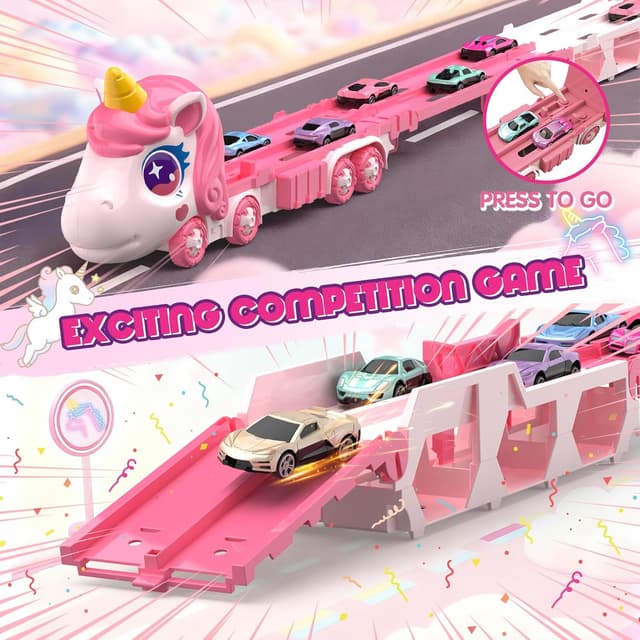 Detalle de maysida Unicorn Transport Truck with 6 Race Cars (Portable, Foldable) for Age 3–9