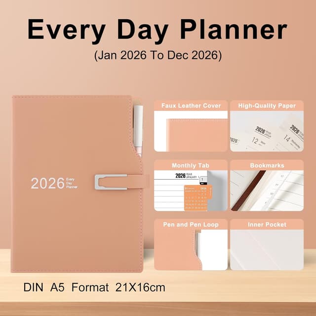 Detalle de Akademischer Terminplaner 2026 A5 (ein Tag pro Seite) – rosa mit Stifthalter & Kalenderaufklebern