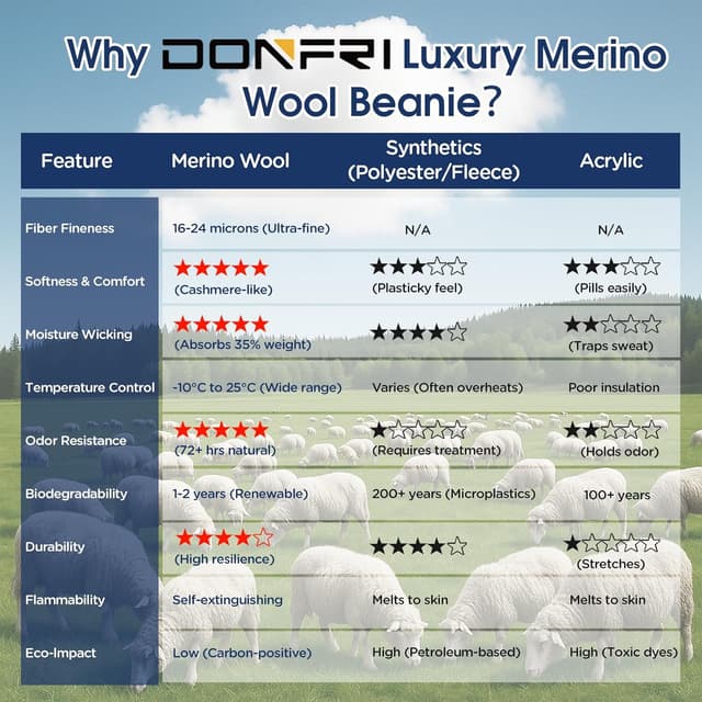 Detalle de Donfri 100% Merino Wool Beanie Hat – thermal winter knit for men and women (unisex)