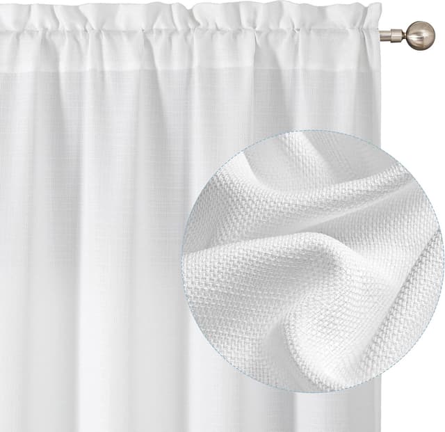 Detalle de Chyhomenyc White Faux Linen Texture Light Filtering Curtains, 2 Panels (40W x 63L)