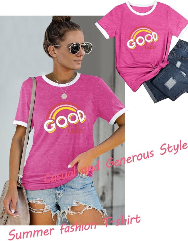 Detalle 2 de WIEIYM Women’s “Good Vibes” Rainbow Graphic T-Shirt with Round Neck (Short Sleeve)