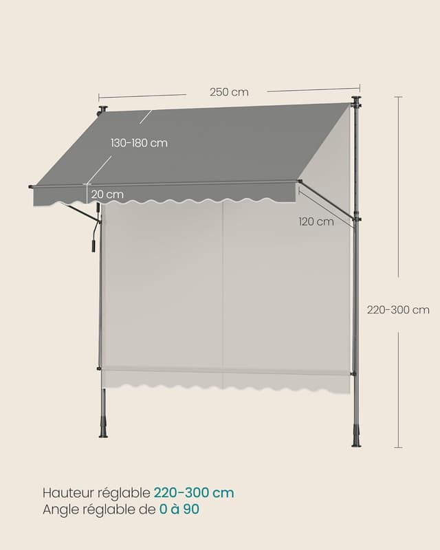 Detalle 2 de SONGMICS Store banne rétractable manuel GSA252G01 (250 x 180 cm) pour balcon, jardin et terrasse