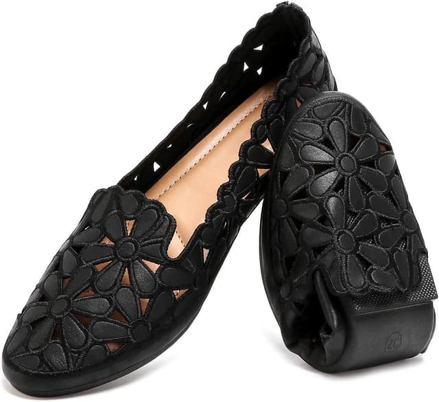Detalle de HEAWISH Women’s Floral Ballet Flats (Black/Beige) — Slip-On Round Toe Dress Shoes