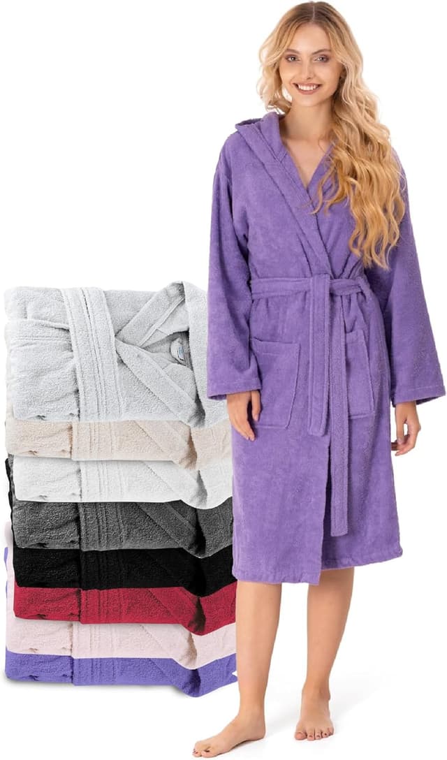 Detalle de Twinzen Damen-Bademantel mit Kapuze aus 100% Baumwolle (OEKO-TEX), 2 Taschen & Gürtel