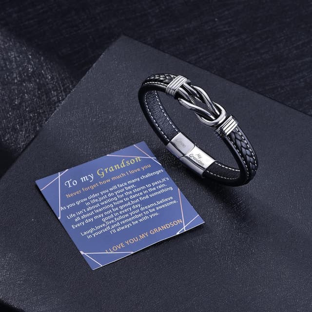 Detalle de To My Grandson leather bracelet with engraving and stainless steel clasp – braided gift for Christmas, birthdays and more