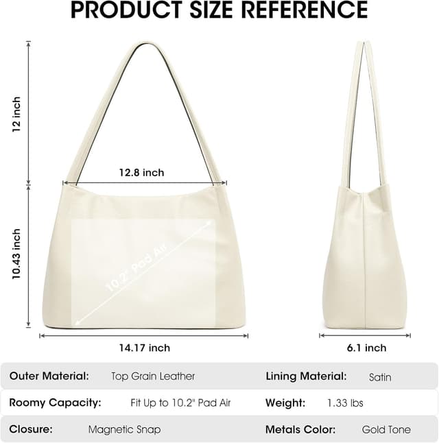 Detalle de Kattee Soft Genuine Leather Tote Hobo Shoulder Bag with Magnetic Snap (Medium)