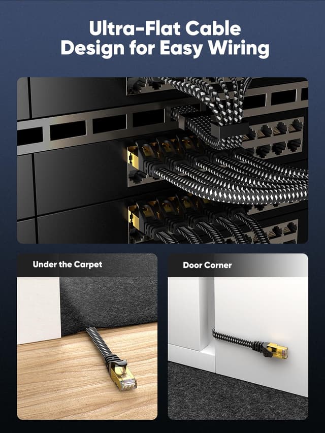 Detalle de VOIETOLT Cat 8 Ethernet Cable (25m) – 40Gbps/2000MHz Flat Braided STP RJ45 for Gaming & Home Networking