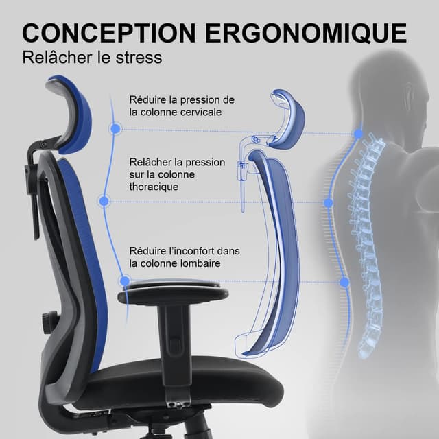 Detalle de SIHOO Chaise de bureau ergonomique à pivot en maille avec support lombaire et accoudoirs réglables (jusqu’à 150 kg), noir