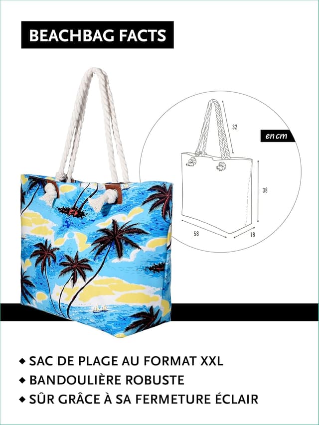 Detalle de DonDon Grand sac de plage avec fermeture à glissière – sac shopping à bandoulière XXL