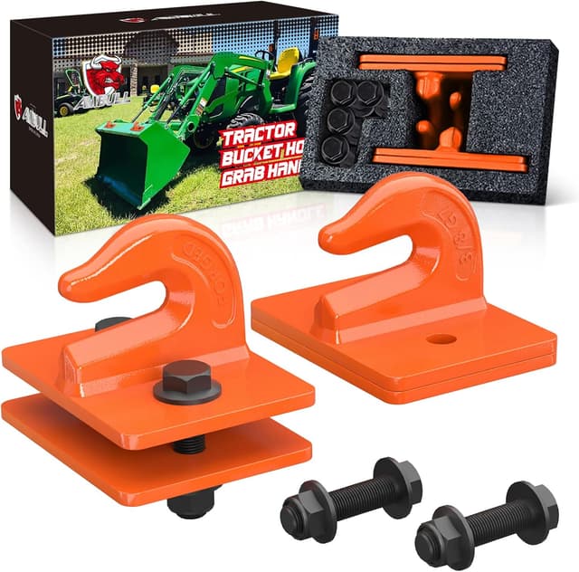 Detalle de AMBULL Tractor Bucket Grab Hook (Grade 70 Forged Steel) Bolt-On Tow Hook Mount with Backer Plate — 2-Pack, Orange