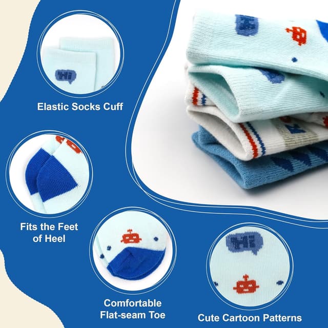 Detalle de GENTABY 12 Pairs Boys Crew Socks (Organic Cotton) – Cartoon & Striped Toddler Socks for Ages 1–7