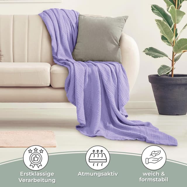 Detalle de LAYNENBURG Premium Musselin Tagesdecke 150x200 cm aus 100% Baumwolle (Lavendel)