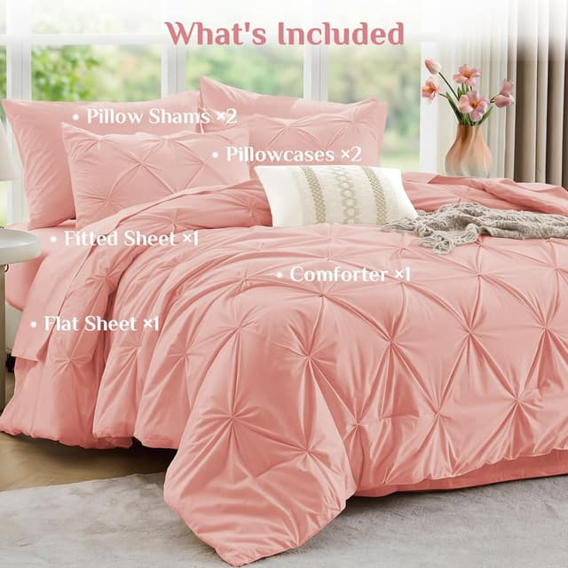 Thumbnail 6 de JOLLYVOGUE Queen Comforter Set (7-Piece) with Pintuck Microfiber Bedding, Pink