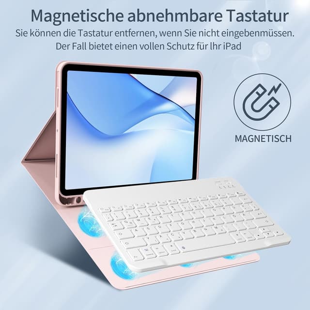 Detalle 2 de GKABXY Hülle mit Tastatur für iPad (A16) 10./11. Generation – magnetische Bluetooth-Tastatur, Soft-TPU, QWERTZ, Rosa