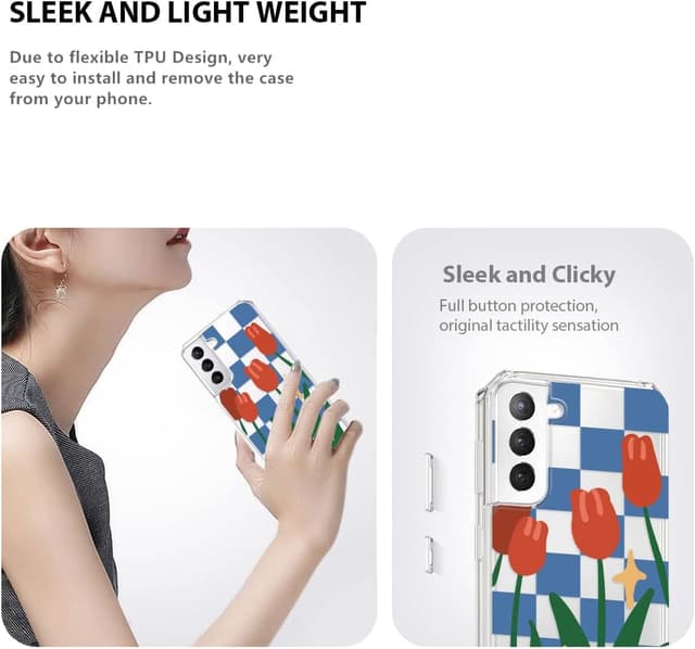 Detalle de CAROKI Clear Case for Samsung Galaxy S22 5G – shockproof transparent TPU bumper cover with tulip pattern