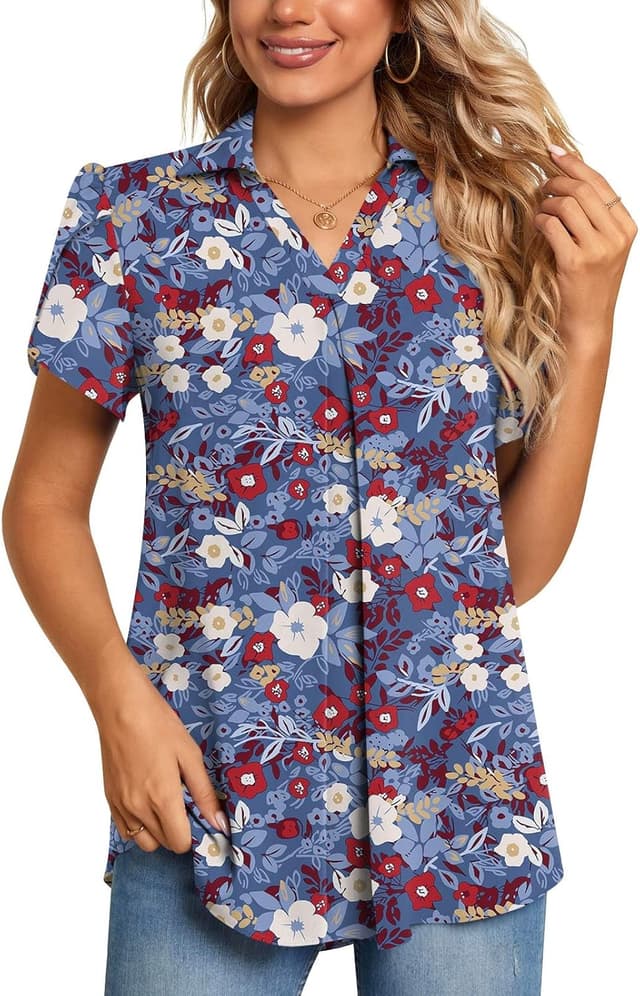 Detalle 2 de Aodemo Women’s Summer Collared V-Neck Chiffon Pleated Blouse (3/4 Sleeve)