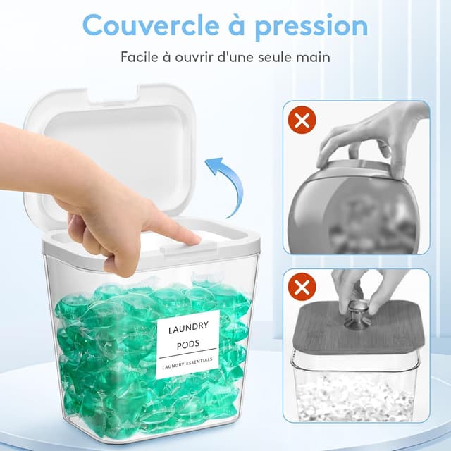 Detalle 2 de Lifewit lot de 4 boîtes de rangement pour lessive en capsules, poudre et accessoires (contenants transparents, étiquettes et cuillères, 2700 ml)