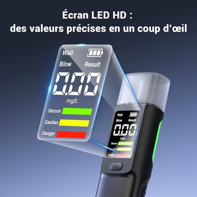 Detalle de ELESKY Éthylotest électronique rechargeable USB‑C avec écran LCD (BrAC en mg/L) et 10 embouts