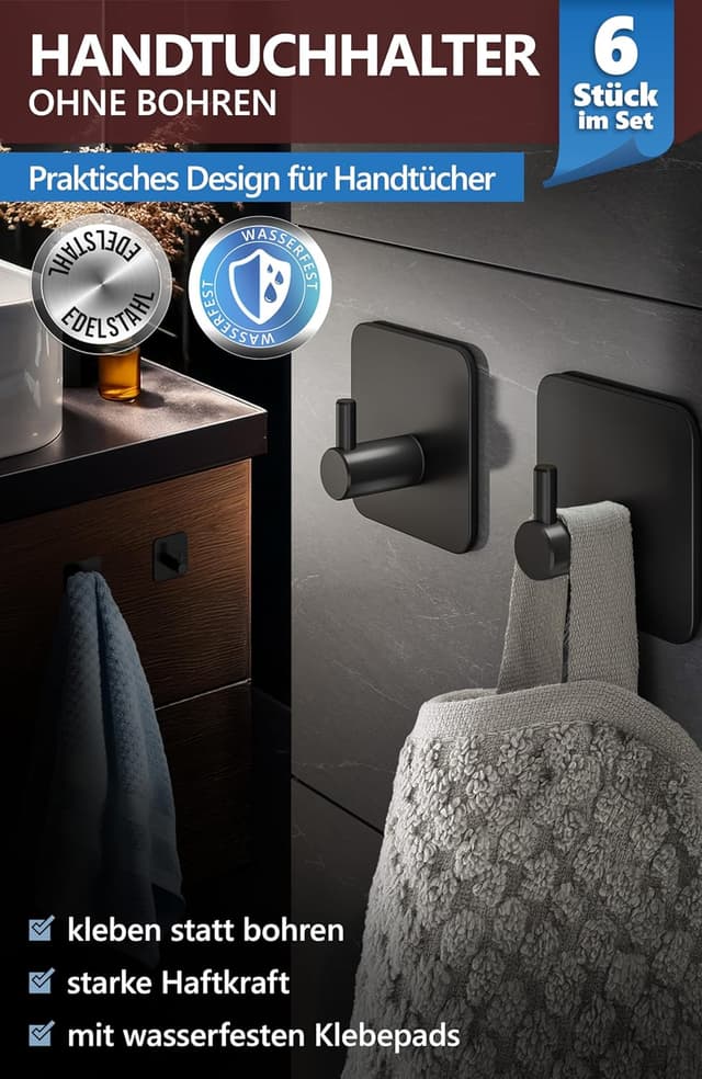 Detalle de 4smile Handtuchhalter ohne Bohren (6er-Set) – selbstklebende Handtuchhaken aus 304 Edelstahl, schwarz