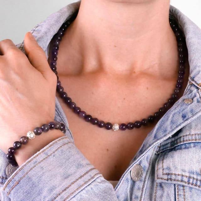 Detalle 2 de BERGERLIN Echte Naturstein Perlenkette mit Amethyst-Perle, 925 Sterling Silber & Verschluss – mit Echtheitszertifikat