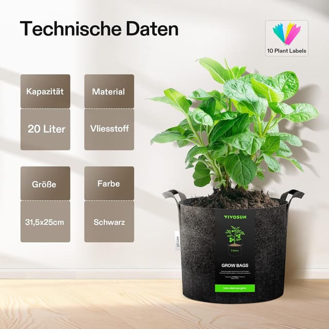 Detalle de VIVOSUN Pflanzsack 5er-Set 20L aus Vliesstoff – robuste Grow Bags mit Griffen