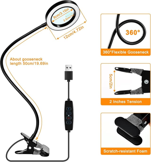 Detalle de 20X/10X Dual-lens Magnifying Glass with Light and Timer (2 in 1) – 3 colour modes desk lamp for close-up craft work